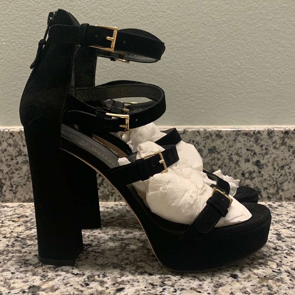 Stuart Weitzman Black Platform Suede Sandals, size 9